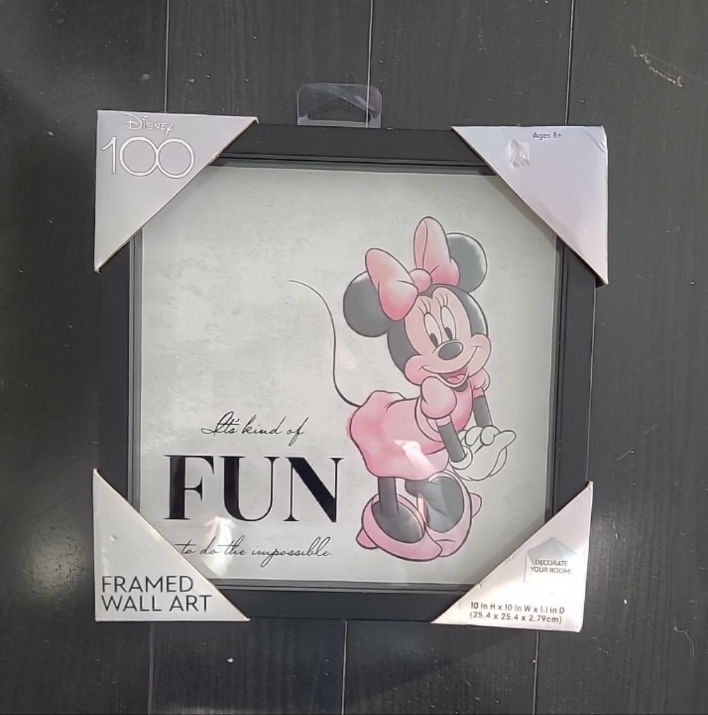 Disney Minnie Mouse Pink and Gray Framed Art 10 In W By 10 In H X 1.1 In D New